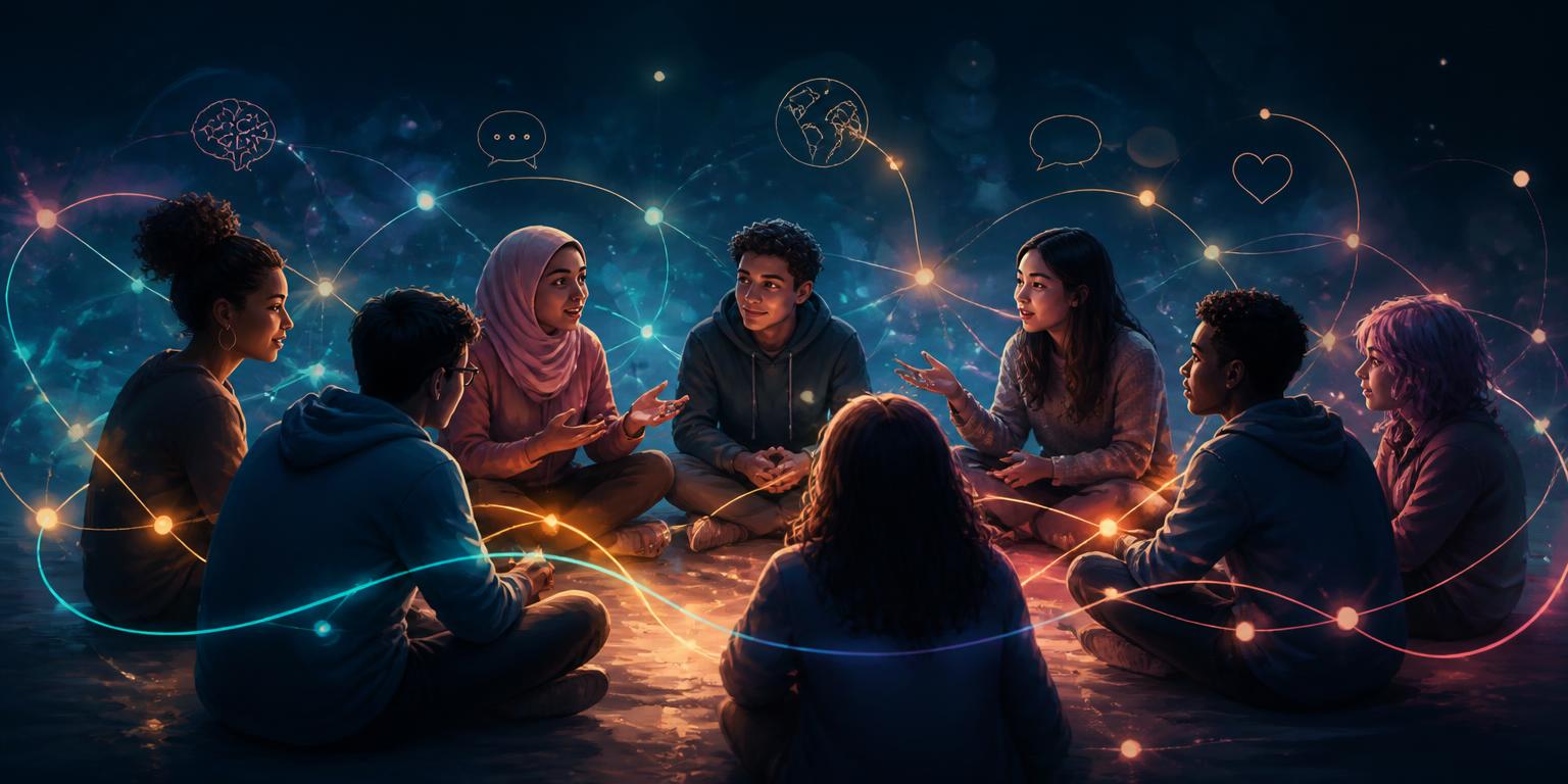 Diverse young people sitting in a circle discussing the future of AI